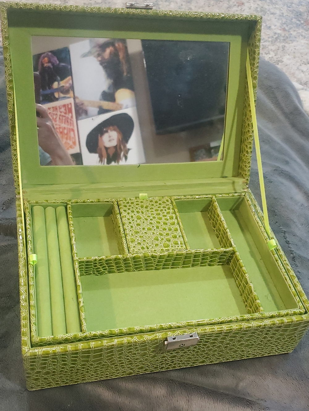 Green Croc Embossed Jewelry Organizer Box with Mirror and Tryed Insert
